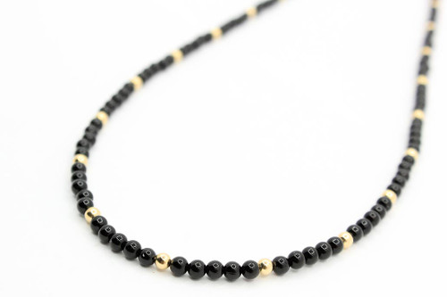 14K Gold Beaded Onyx Necklace 083023