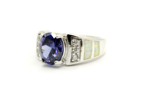 Sterling Silver White Opal and Tanzanite CZ Ring 102723