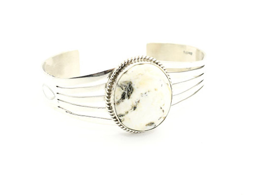 Sterling Silver White Buffalo Wide Cuff Bracelet 021424 Sterling Silver White Buffalo Wide Cuff Bracelet 021424