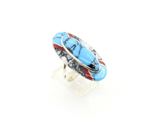 Sterling Silver Turquoise and Coral Inlay Ring 062224