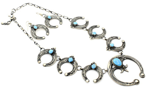 Sterling Silver Sandcast Squash Blossom Necklace and Earring set