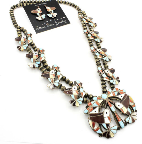 Sterling Silver Zuni Inlay Butterfly Necklace Set 072624- Navajo