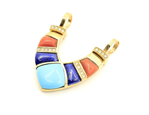 14K Gold Turquoise Lapis and Coral Diamond Pendant 081524