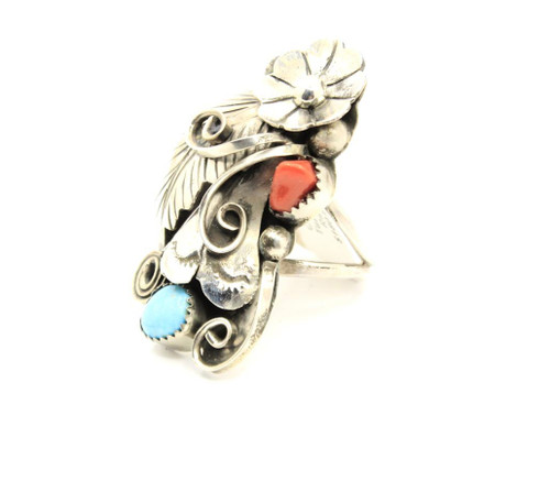 Large Sterling Silver Turquoise and Coral Ring 010825