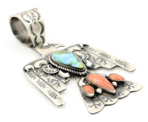 Sterling Silver Sonoran Turquoise and Coral Thunderbird Pendant 011025