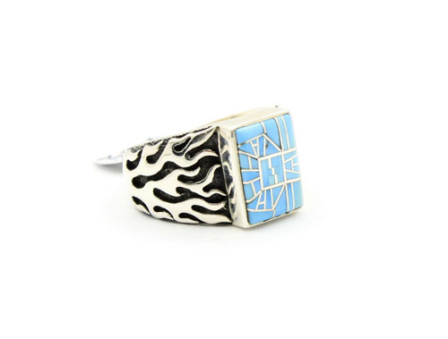 Sterling Silver Turquoise Square with Flames Ring 032825