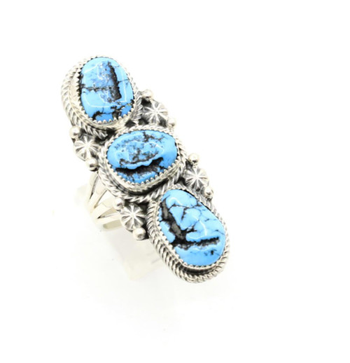 Sterling Silver 3 Stone Kingman Turquoise Ring 051025 Sterling Silver 3 Stone Kingman Turquoise Ring 051025
