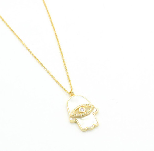 Gold Rhodium Mother of Pearl Hand with Crystal Necklace 081425