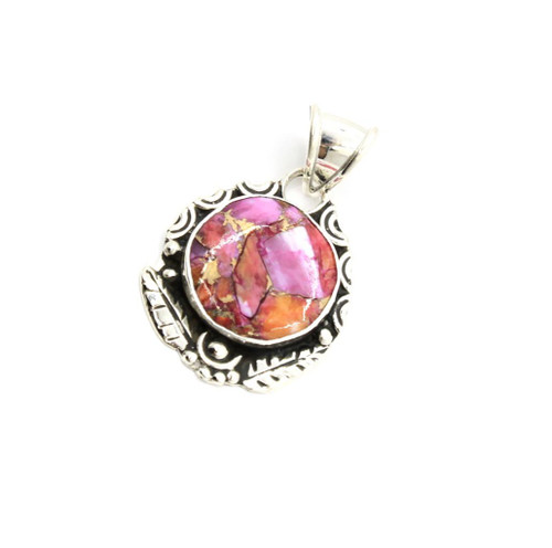 Sterling Silver Round Feather Purple Spiny Oyster Pendant 100425 Sterling Silver Round Feather Purple Spiny Oyster Pendant 100425