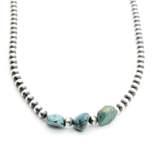 Sterling Silver 3 Turquoise Stone Navajo Pearl Necklace 011226