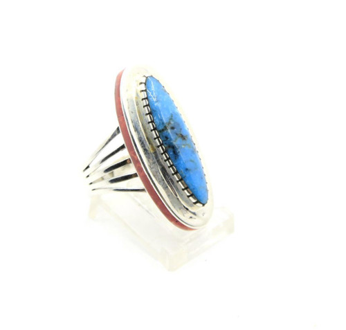 Sterling Silver Oblong Turquoise with Coral Ring 030726