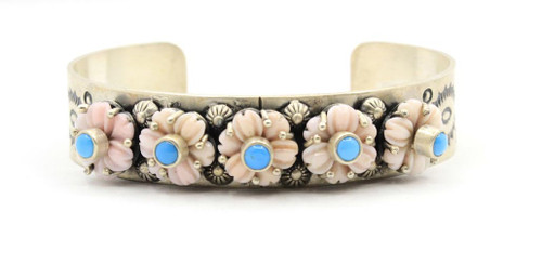 Sterling Silver Pink Conch and Turquoise Flower Bracelet 030726