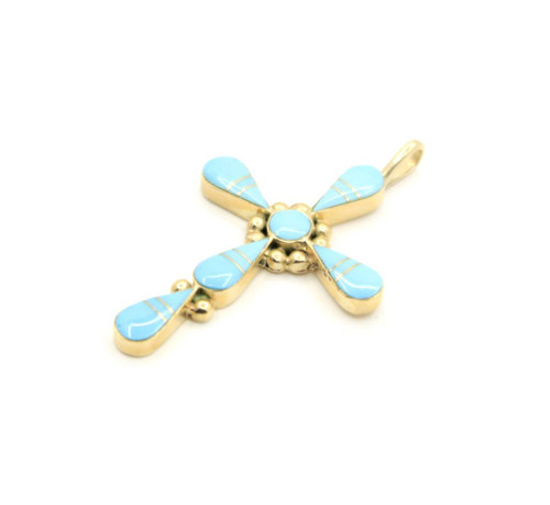 14K Gold Inlay Sleeping Beauty Turquoise Cross 060326