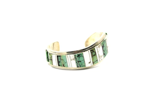 Sterling Silver Carico Lake Turquoise & Sacred White Buffalo Inlay Cuff Bracelet 090126