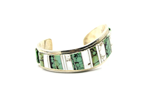 Sterling Silver Carico Lake Turquoise & Sacred White Buffalo Inlay Cuff Bracelet 090126