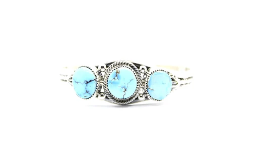 Sterling Silver Golden Hills Turquoise Three-Stone Rope Cuff Bracelet 090126