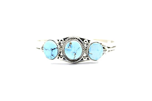 Sterling Silver Golden Hills Turquoise Three-Stone Rope Cuff Bracelet 090126