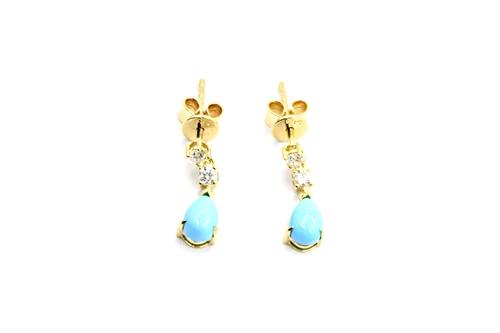14K Yellow Gold Sleeping Beauty Turquoise & Diamond Drop Earrings 090126