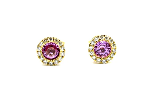 14K Yellow Gold Pink Sapphire Halo Stud Earrings 090126
