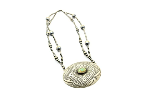 Sterling Silver Concho Pendant Necklace with Green Turquoise on Navajo Pearls 090926