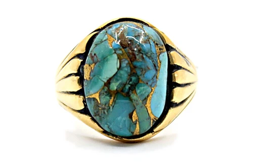 Gold Ring with Oval Matrix Turquoise and Fluted Shoulders 090926