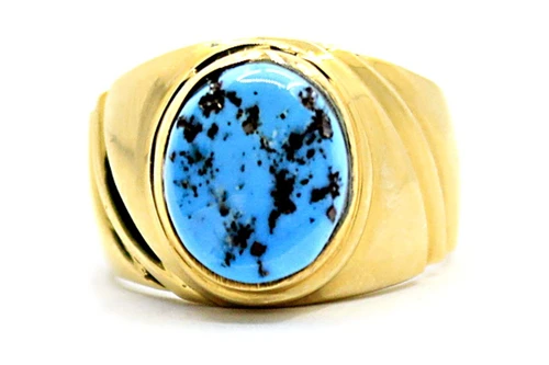 Gold Ring with Oval Blue Turquoise Bezel 090926