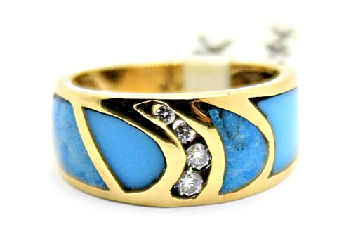Gold Turquoise Inlay Band with Accent Wave 090926