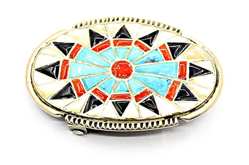 Nick Leekela Zuni Turquoise & Coral Inlay Belt Buckle 092426