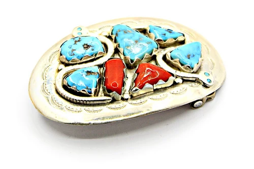 Effie Calavaza Zuni Turquoise & Coral Belt Buckle 092426