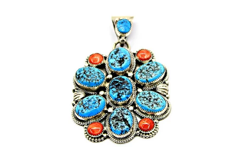Roie Jaque Blue Kingman Turquoise and Coral Cluster Pendant 100426