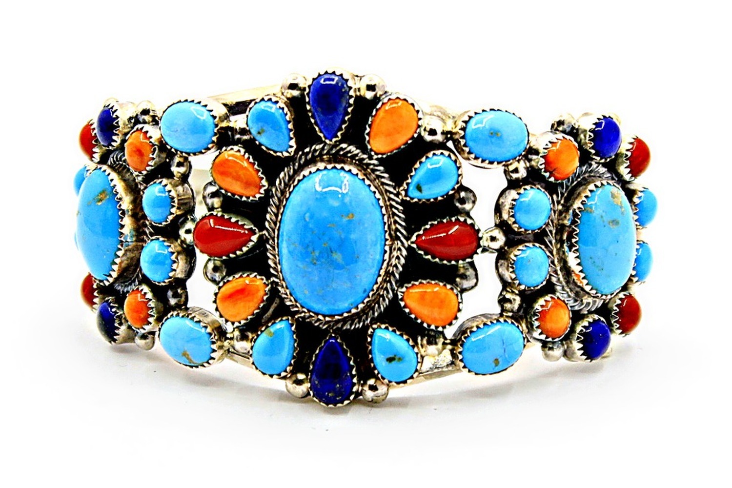 Turquoise, coral, lapis and spiny oyster rosette cuff by Roie Jaque