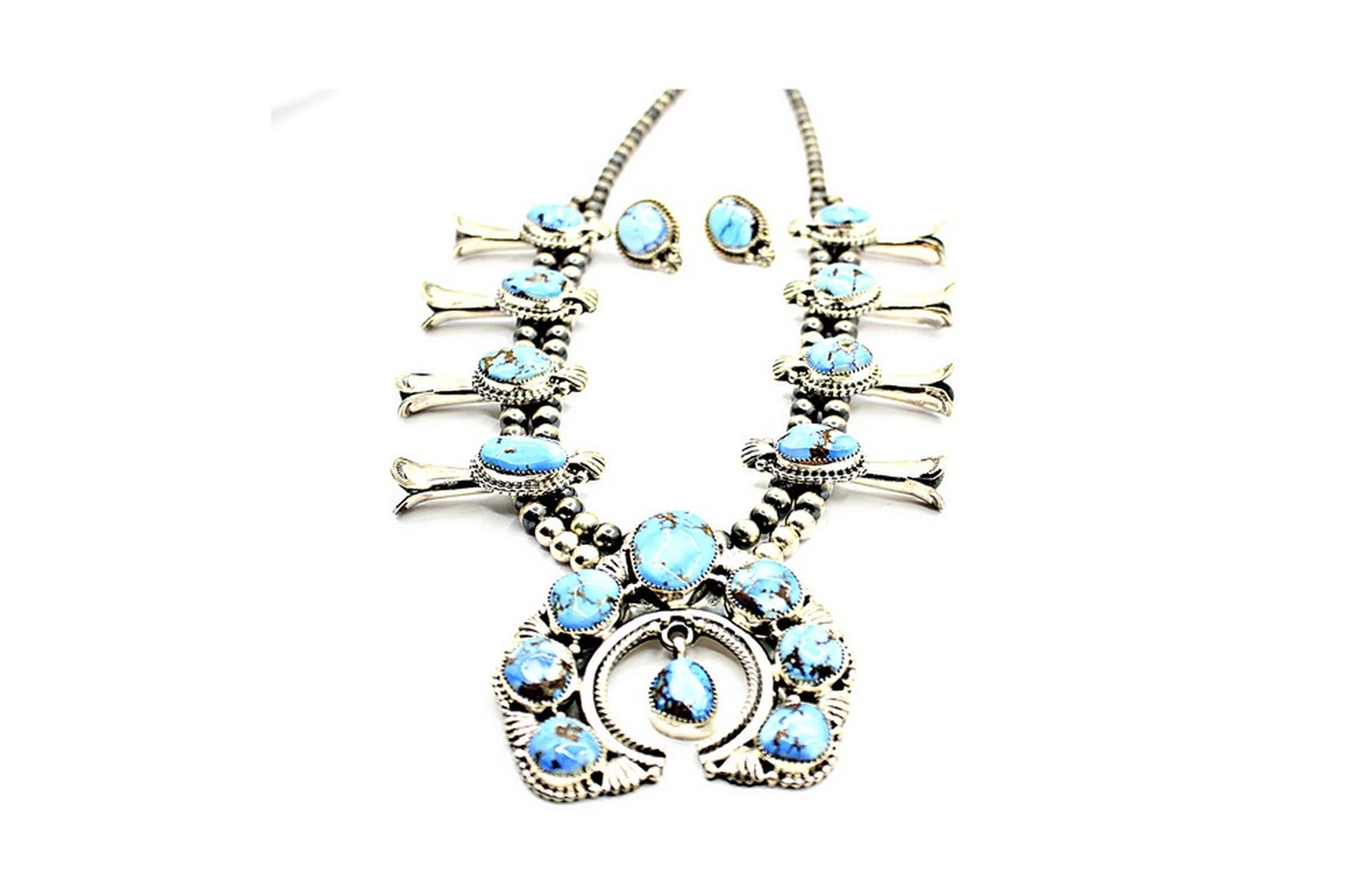 Golden Hills turquoise squash blossom necklace set by Roie Jaque