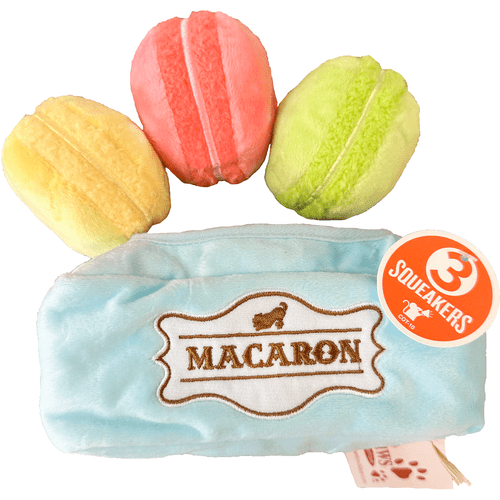 3 Macaroon Dog Toys inside Macaron Crinkle Toy Box