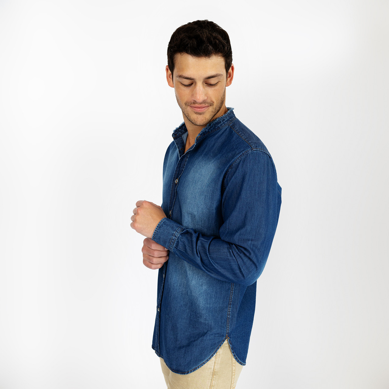Frayed Band Collar Denim Shirt