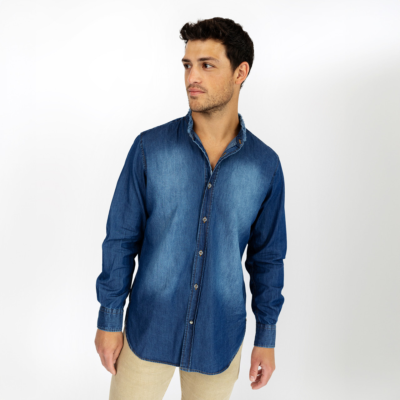 Frayed Band Collar Denim Shirt