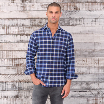Man wearing a heavy plaid flannel shirt.