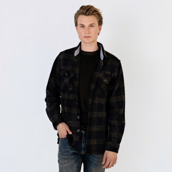 Man wearing a navy plaid shirt jacket.