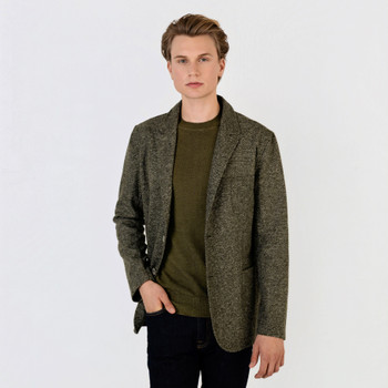 Man wearing a herringbone wool blend jacket.