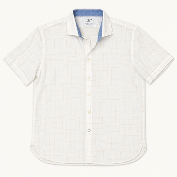 Flat image of a white shirt with a geometric stitch pattern.