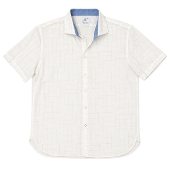 Flat image of short sleeve shirt with a geometric stitch pattern.
