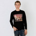 Man wearing a black long sleeve t-shirt with art graphic print.