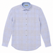 A picture of a purple and khaki plaid linen shirt.