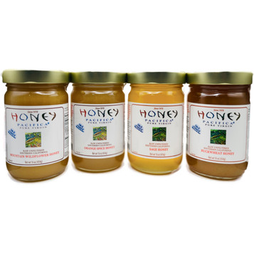 Cold Packed™ Sampler 2: Orange Spice, Mountain Wildflower, Buckwheat and Sage Honey Jars Cold Packed™ Sampler 2: Orange Spice, Mountain Wildflower, Buckwheat and Sage Honey Jars