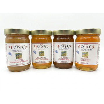 Cold Packed™ Sampler 2: Orange Blossom, Mountain Wildflower, Buckwheat and Sage Honey Jars