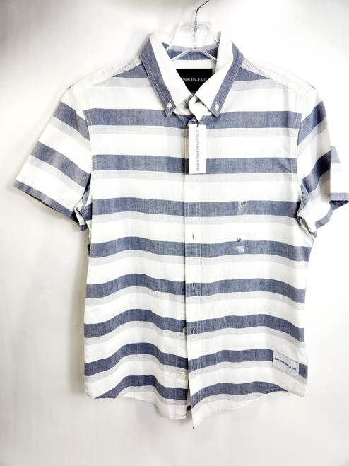 CALVIN KLEIN Men's Short-sleeve Shirt, White and Blue Stripes, Size S