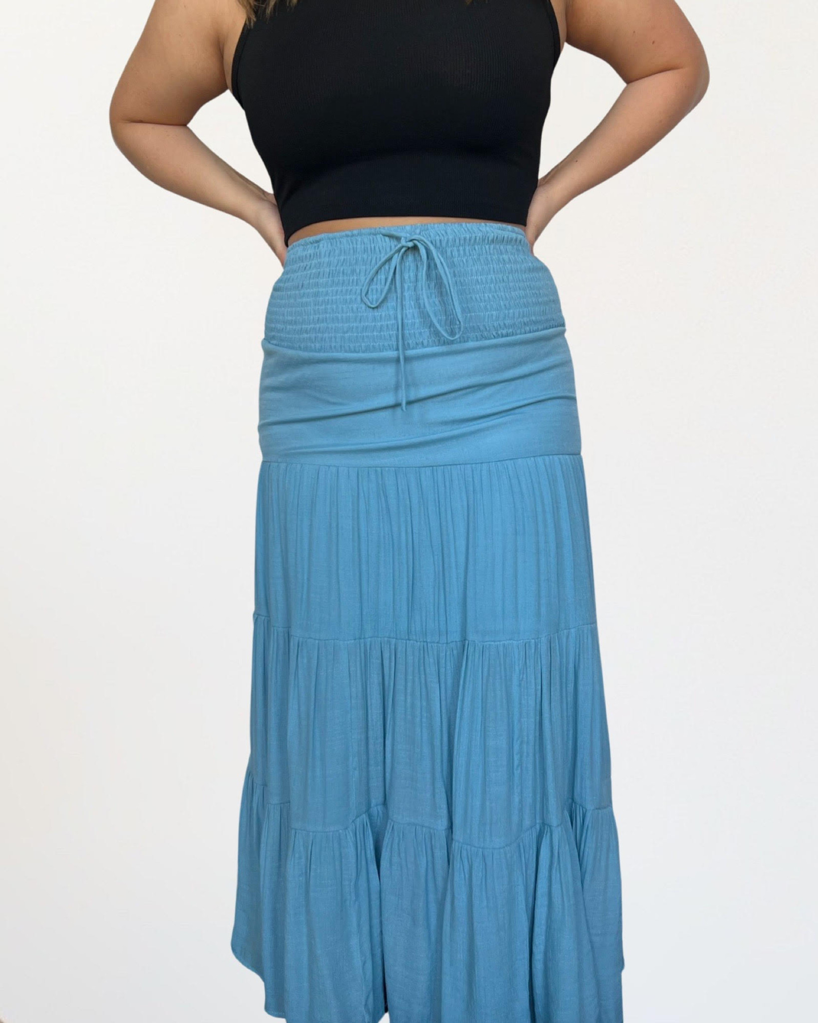 DRAWSTRING TIERED MAXI SKIRT