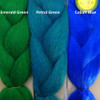 Color comparison from left to right: Emerald Green, Petrol Green, Cobalt Blue