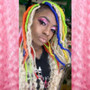 Faux locs using Red, Orange, Yellow, Neon Lemon Lime, Navy Blue, and Powder Pink marley braid, installed by Bre'Shell
