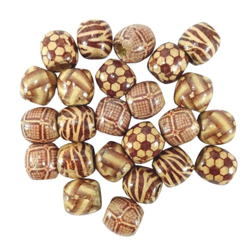17mm Wooden Patterned Hair Beads, Brown/Beige