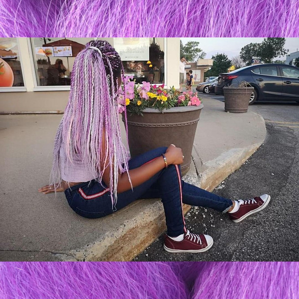 ameathyst_e wearing twists made from kk jumbo braid in Lavender, Orchid, and White as well as thermal color change hair in Baby Pink/White, Pastel Lilac/Icy Blue, and Light Plum/Candyfloss